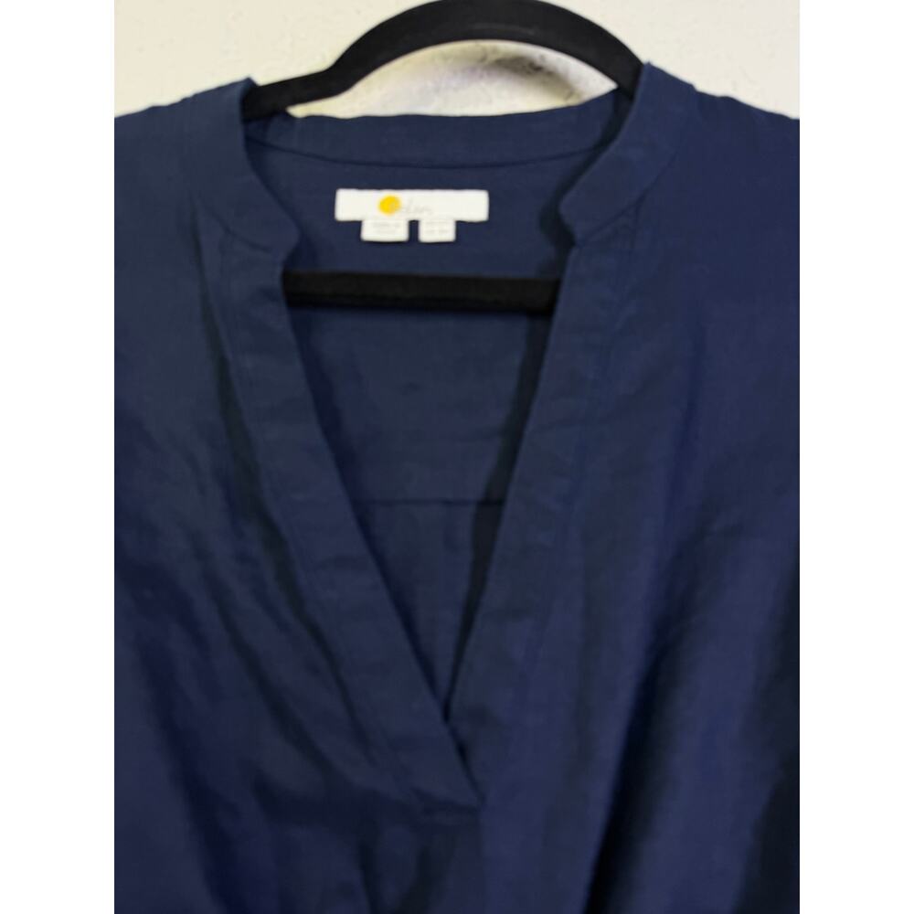 ANTHROPOLOGIE BODEN Dress 8 Linen VNeck Puff Sleeve Elastic Waist Pockets Navy - Picture 5 of 13